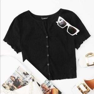 Black SheIn Button Front Lettuce Trim Rib-Knit Tee XS